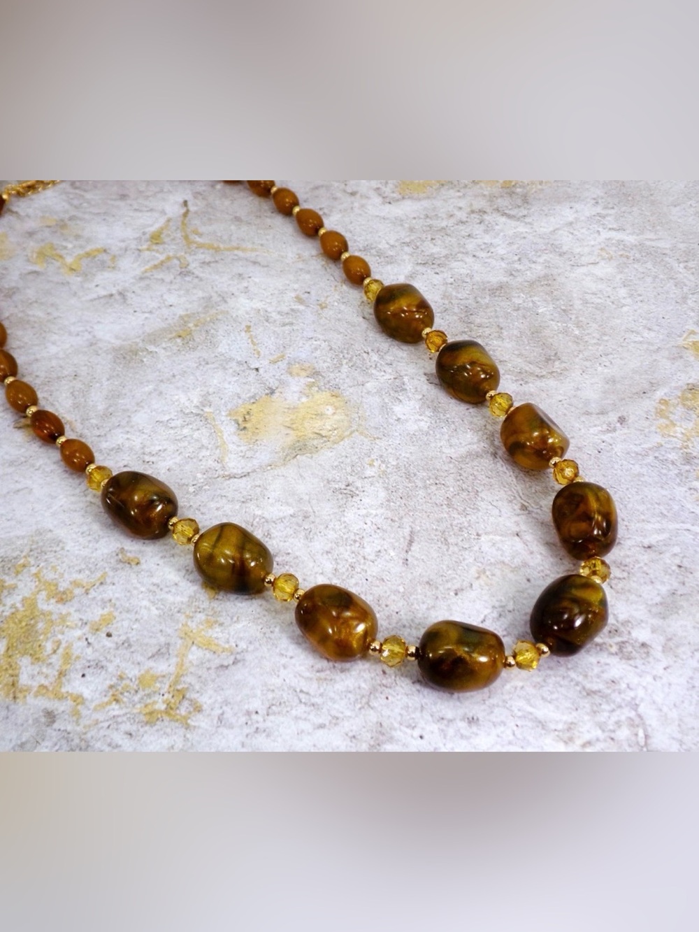 Brown Marble Look Statement Necklace Gold Accents Beaded Jewelry New